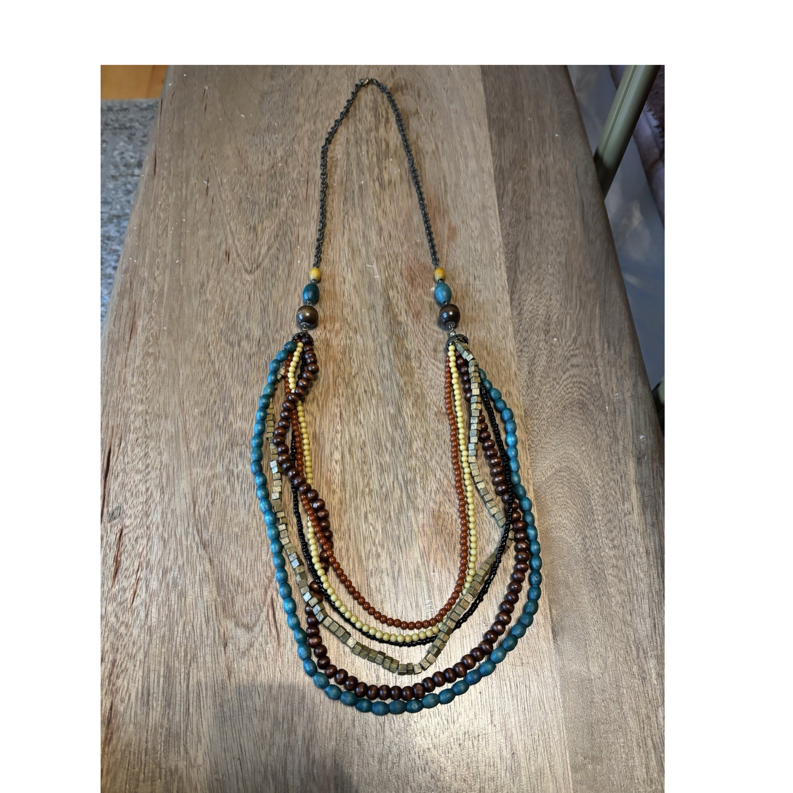 Multi-Strand Beaded Wood Metal Necklace Blue Brown Yellow Black for Women