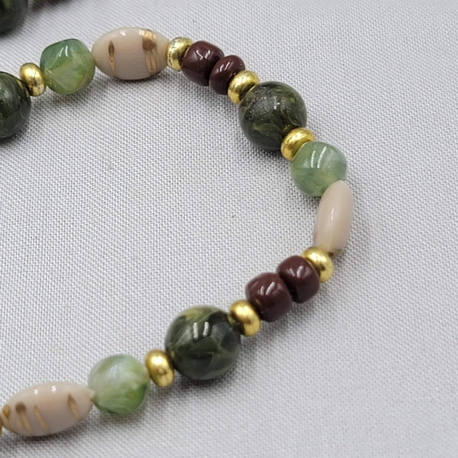 Vintage Brown Green Beige Bead Necklace Gold tone 36″