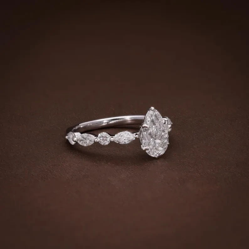 9K White Gold Pear Shape 1.77CT Lab Grown Diamond FG VVS-VS Elegant Bridal Ring