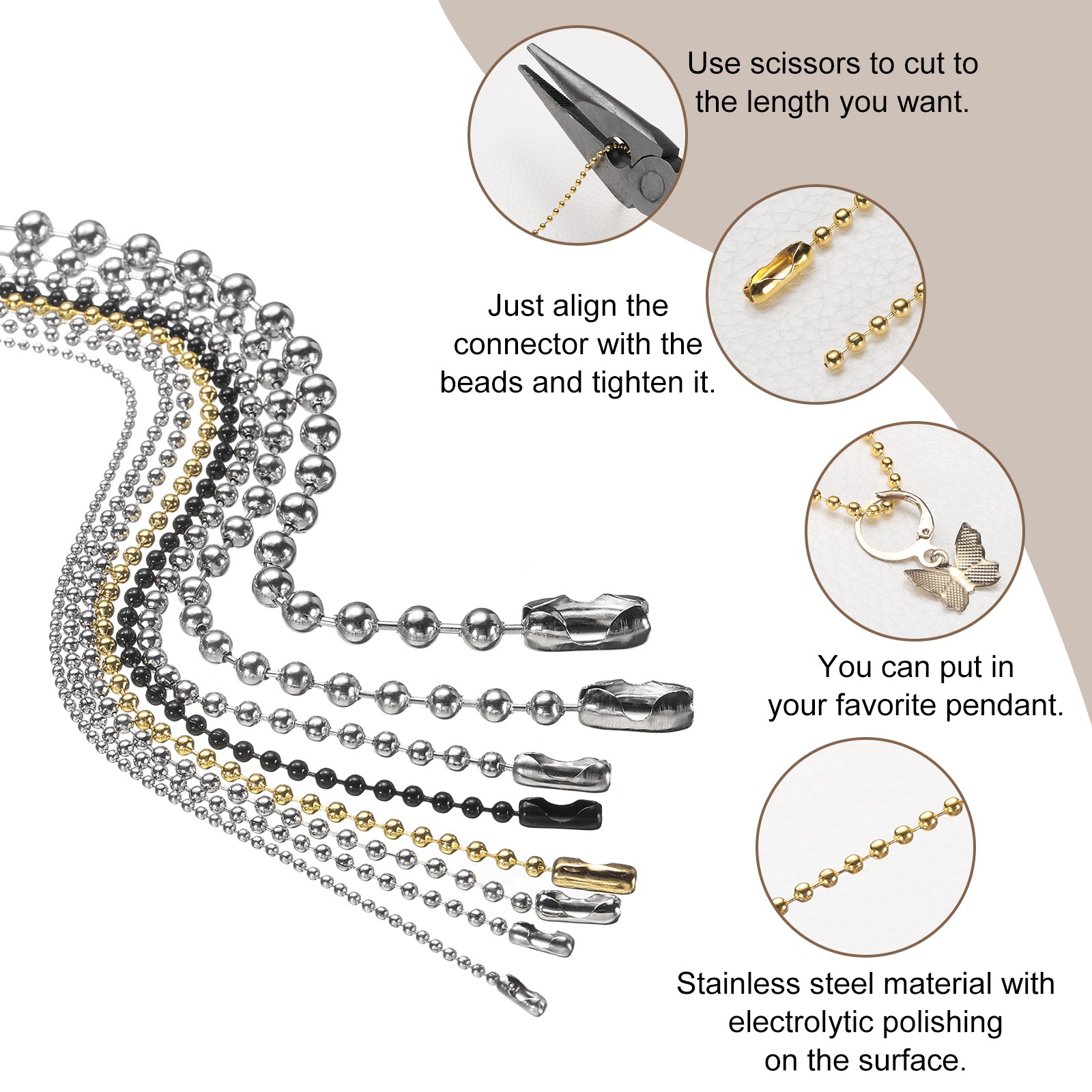 Stainless Steel Ball Chain 2.4mm Dia 21.7″ Length Round Bead Necklace Bronze
