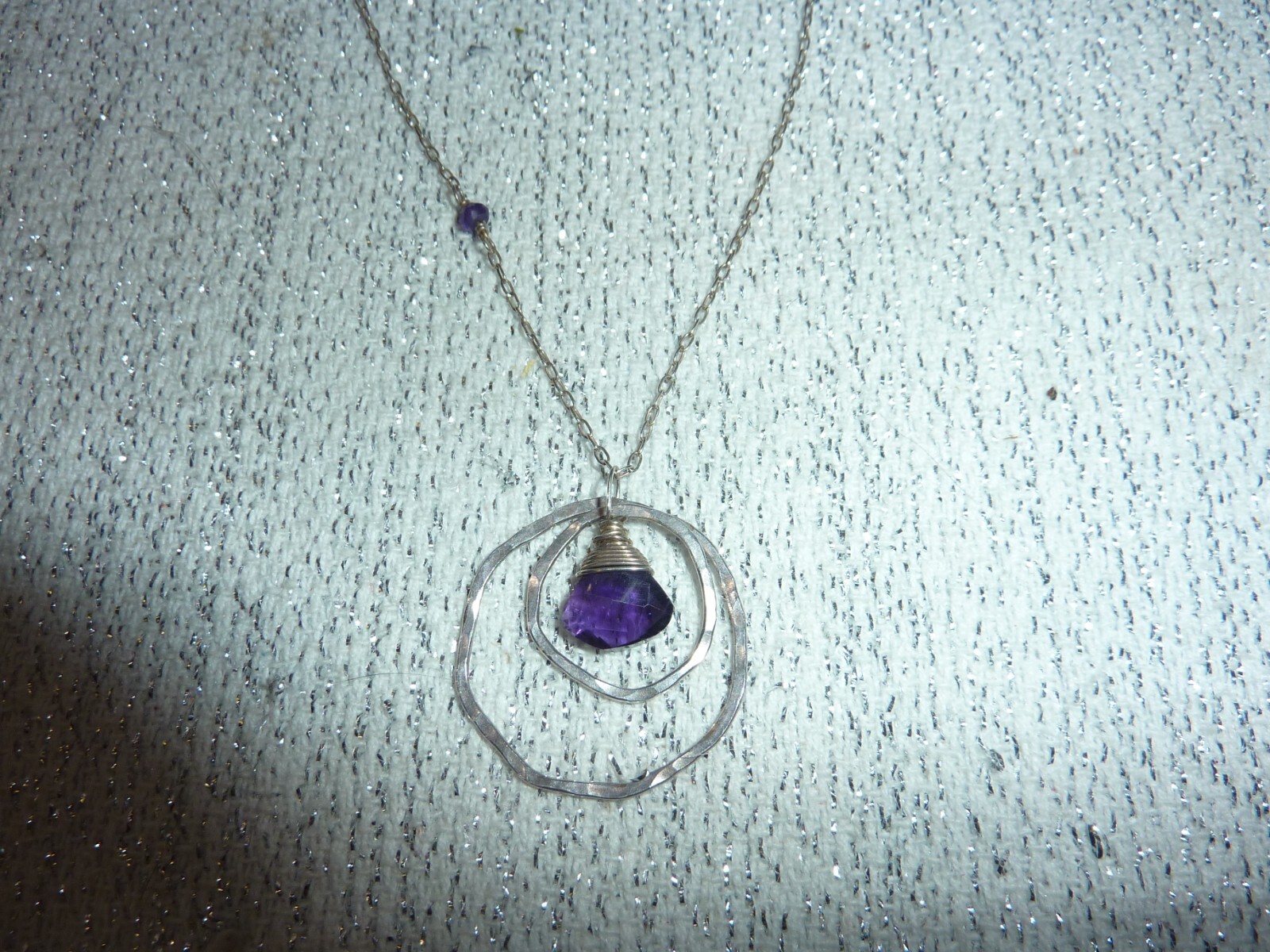 Gorgeous Amethyst Chips Hammered Sterling 925 Double Circle 925 Necklace 16-18″
