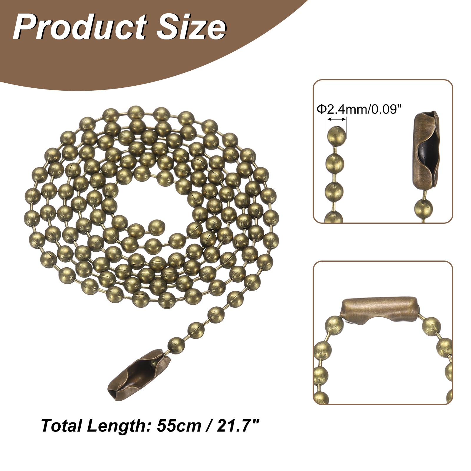 Stainless Steel Ball Chain 2.4mm Dia 21.7″ Length Round Bead Necklace Bronze