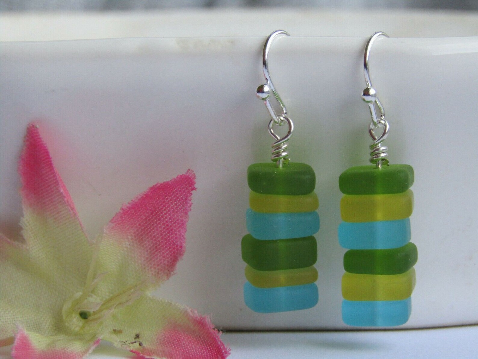 Stacked Green, Yellow, & Blue Sea Glass Pebble Earrings, Gift For Her, Ocean
