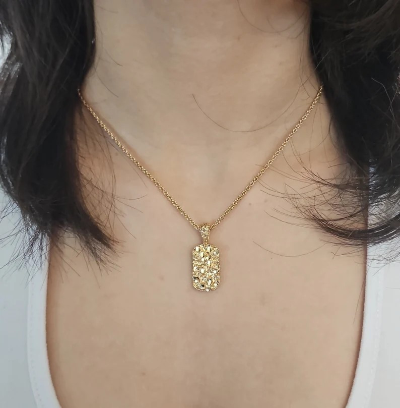 Gold Nugget Necklaces, Small Dog Tag Pendant, 1mm Rope Chain, 14k Plated Gold