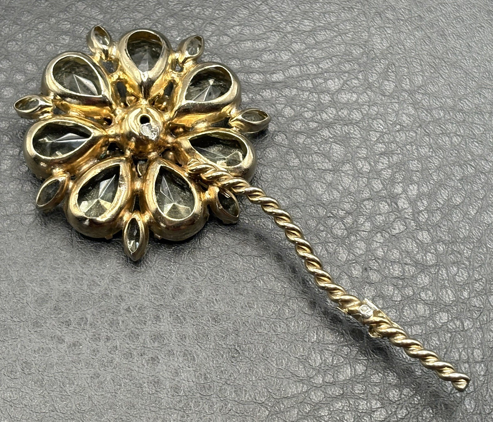HUGE Aurora Borealis FAUX Citrine Color Rhinestone Flower Brooch MISSING BACK