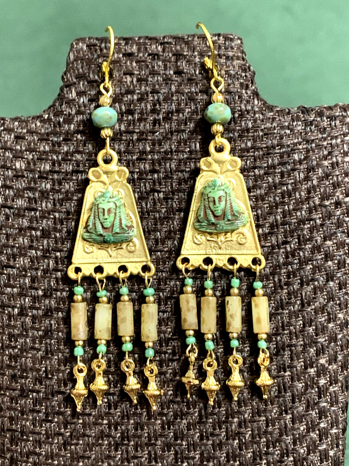 NEW ITEM*ARTISAN*EGYPT REVIVAL CZECH NEIGER GLASS PHARAOH CHANDELIER EARRINGS.g