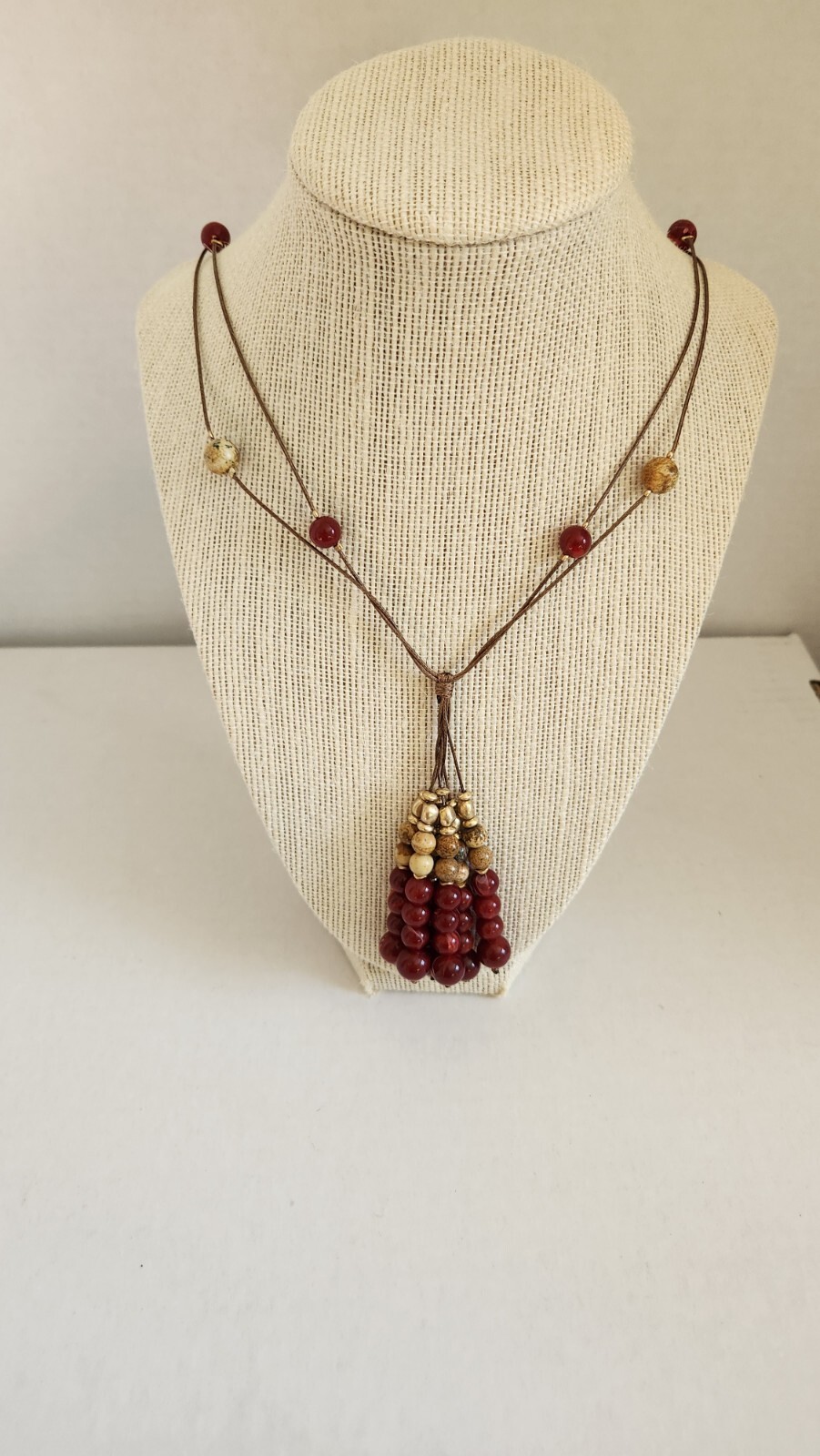 Ashley Cooper Multi Strand String Beaded Necklace Red and Neutral Colors