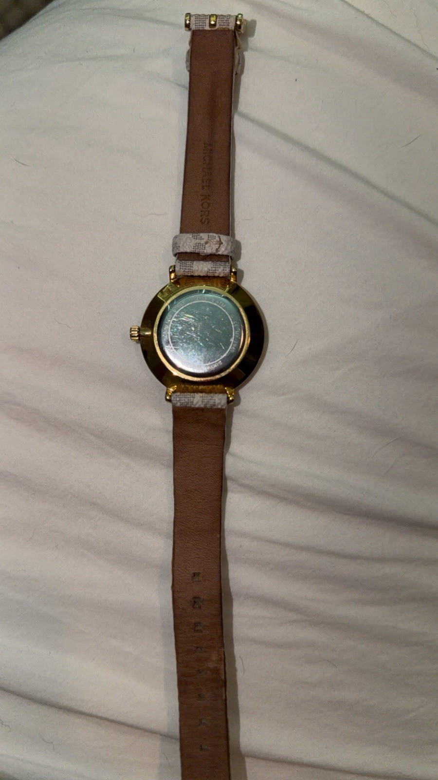 Michael Kors Women’s Analog Watch Gold Tone Case White Logo Dial Beige Leather