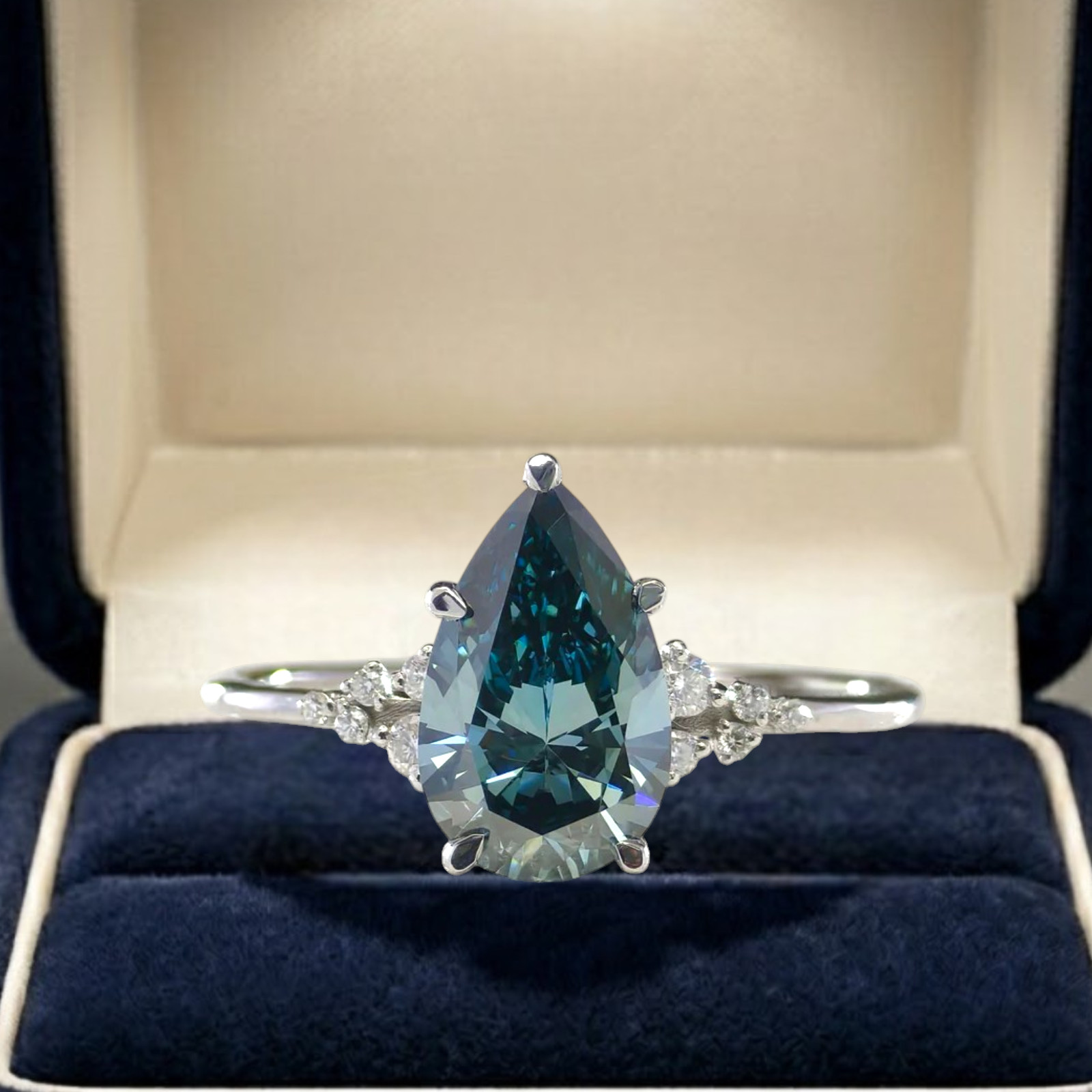 18K White Gold Fancy Intense Blue 2.15 CT Pear Cut Lab Grown Diamond Women Ring