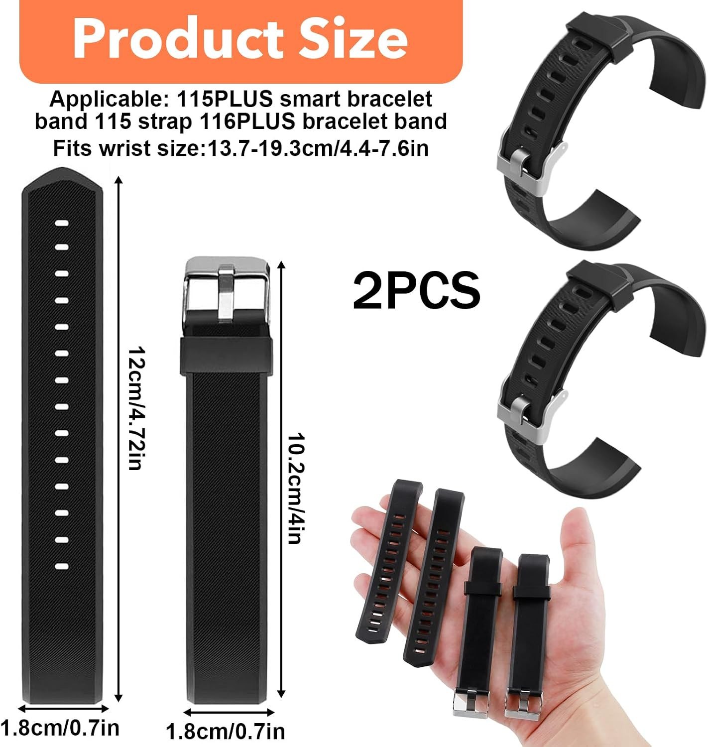 Wrist Bands Replacement for ID115Plus HR, Black Fitness Watch Wristbands Set for