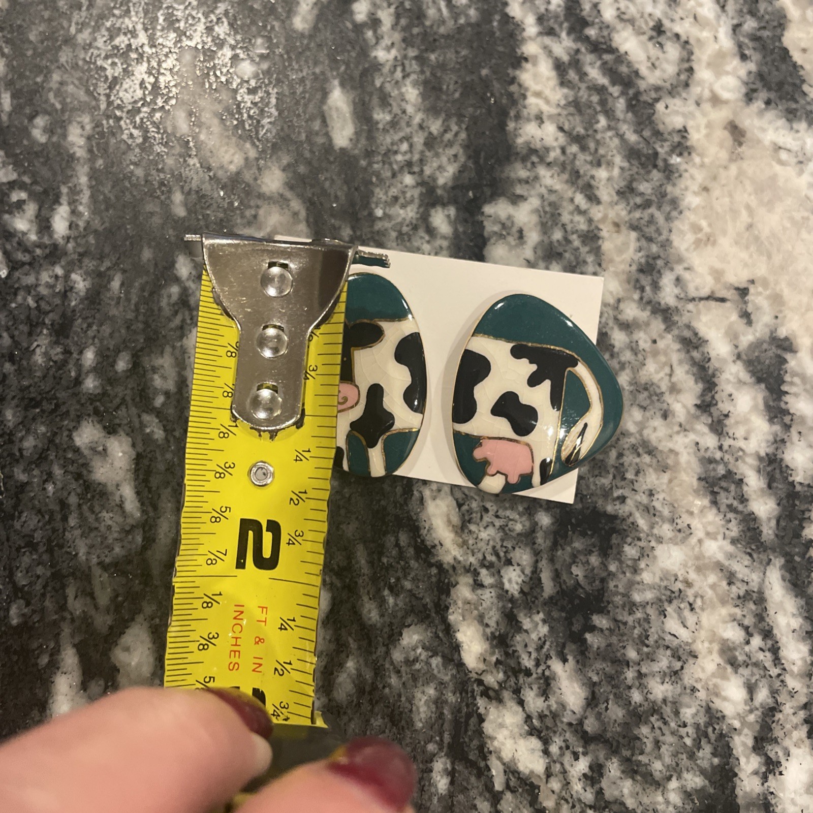 Vintage Ceramic Enamel Cow Front And Rear Post Earrings Gold Trim