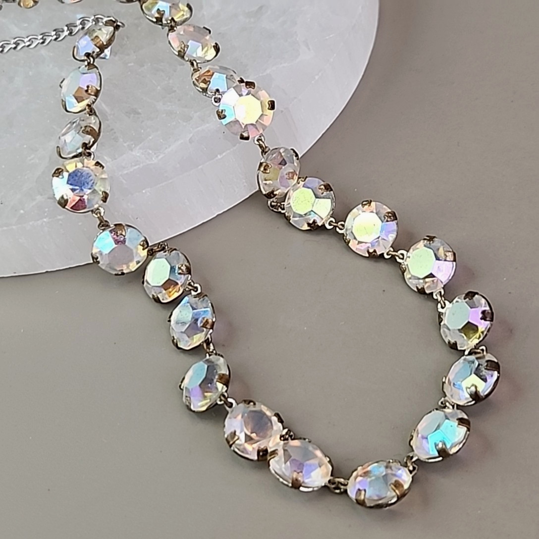 Vintage Open Bezel Necklace Aurora Borealis Round Linked Beads 17″