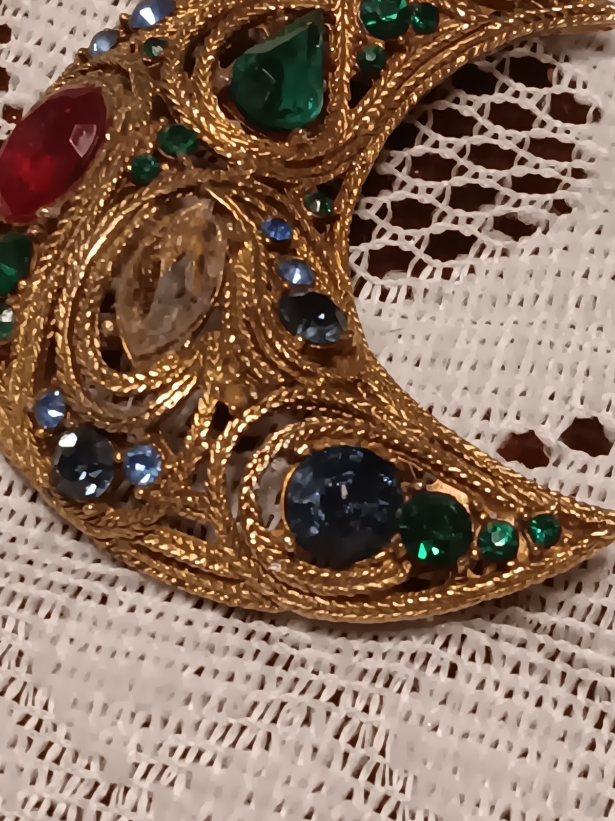 Gold Tone Crescent Moon Brooch Pin Multicolor Rhinestones Celestial Prong Set