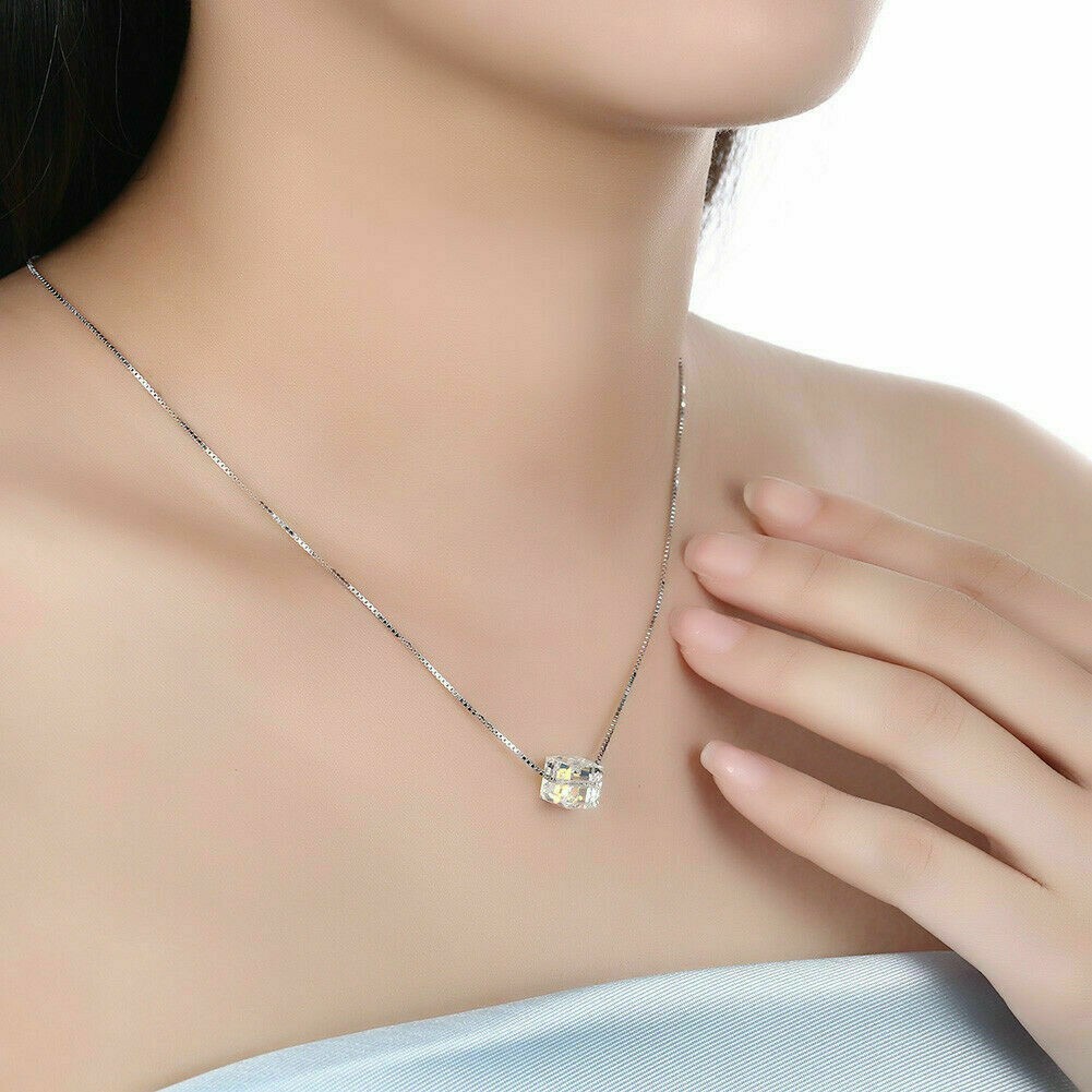 Aurora Borealis Square Crystal Cube Necklace & Stud Earrings Jewelry set