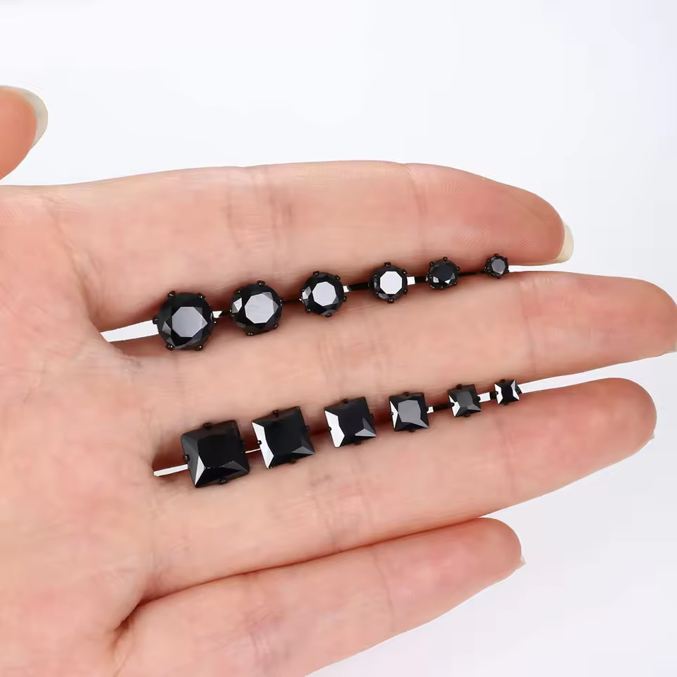 Mens Women Stainless Steel Black Round Cubic Zirconia Ear Studs Earrings 3mm-8mm