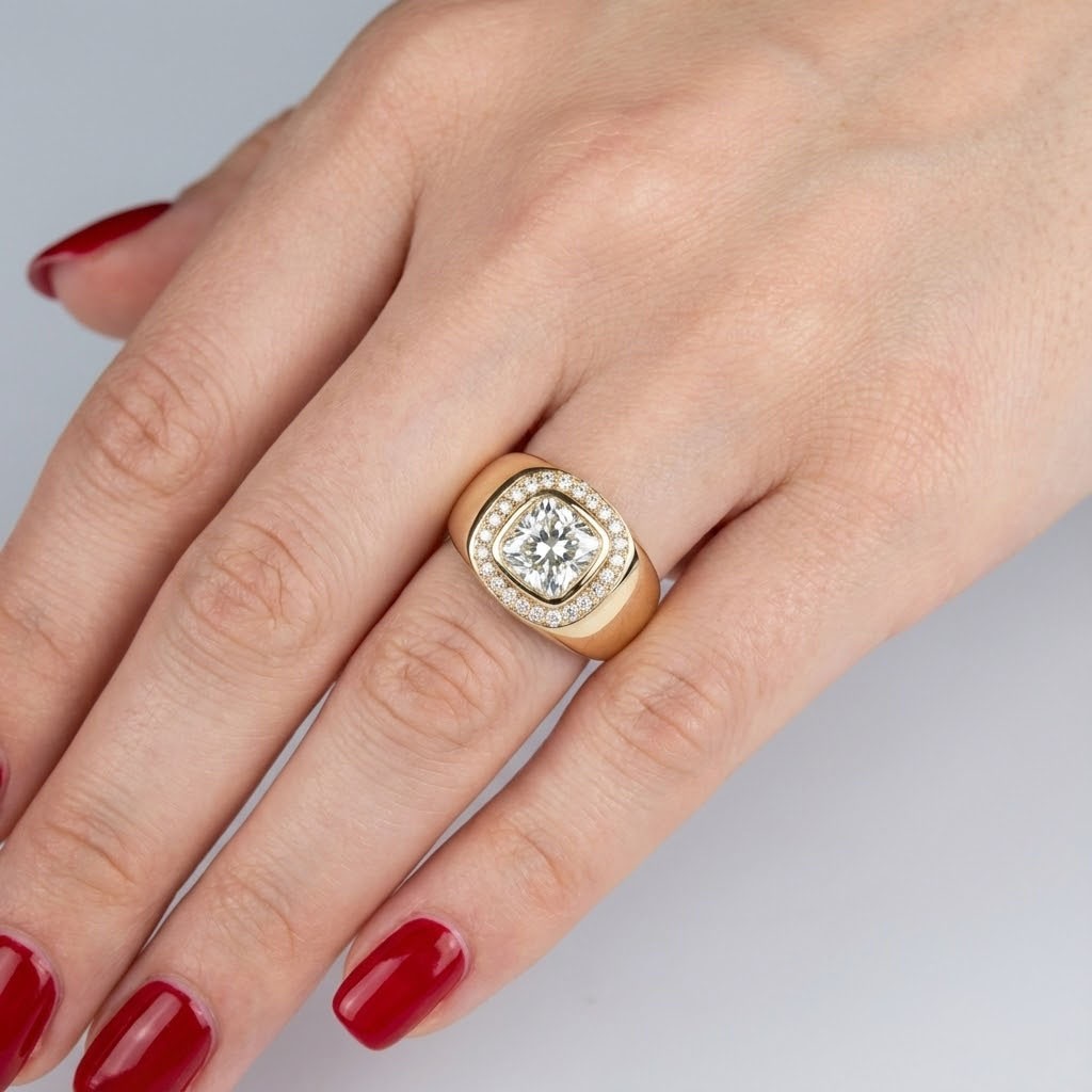 Solid 18K Gold Mens Ring Bezel Set Halo 2.52 Carat Cushion Natural Diamond F SI1