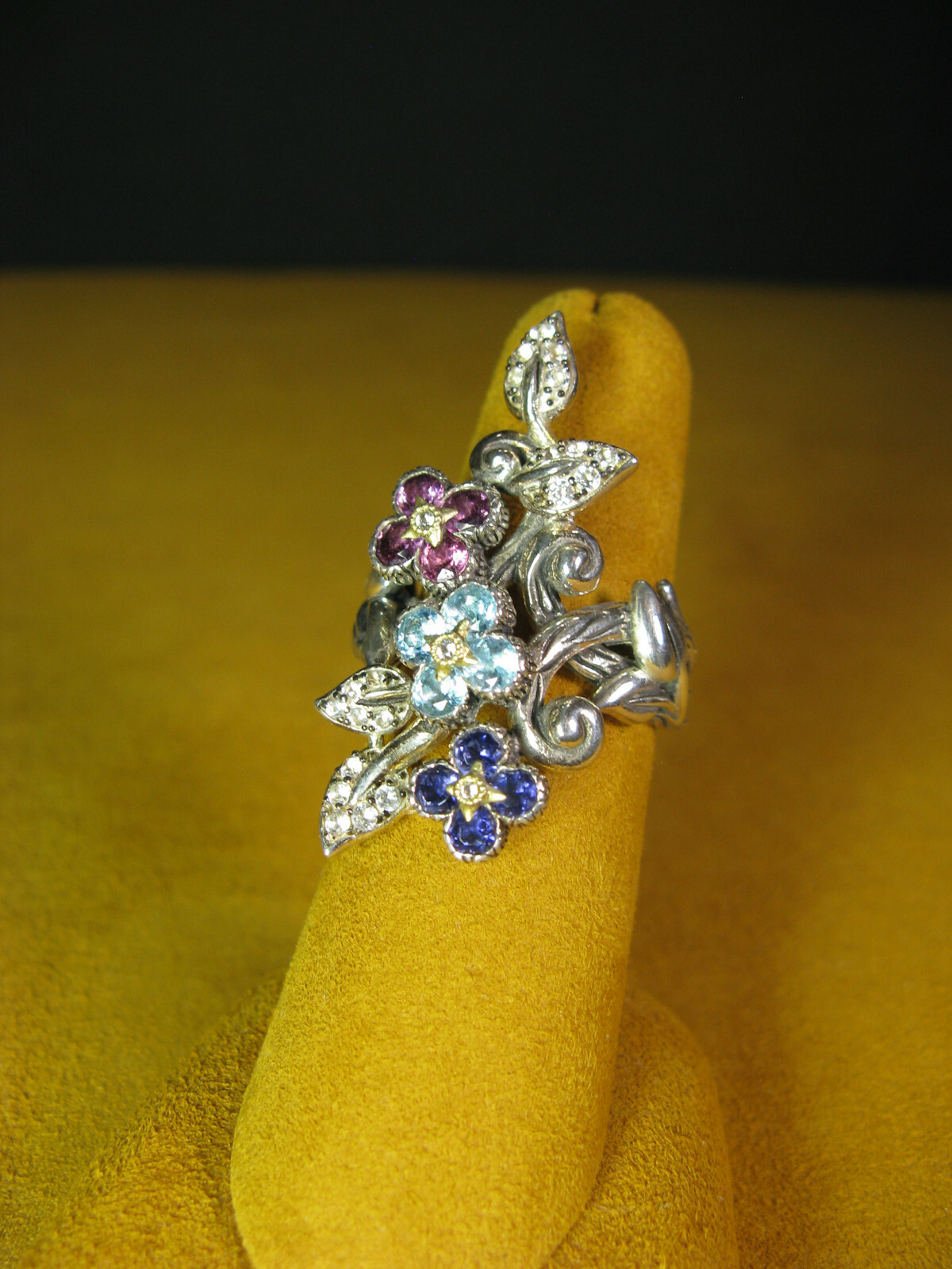 BARBARA BIXBY GEMSTONE FLOWER RING SIZE 8 LEAVES BRANCH Rhodolite Iolite Topaz