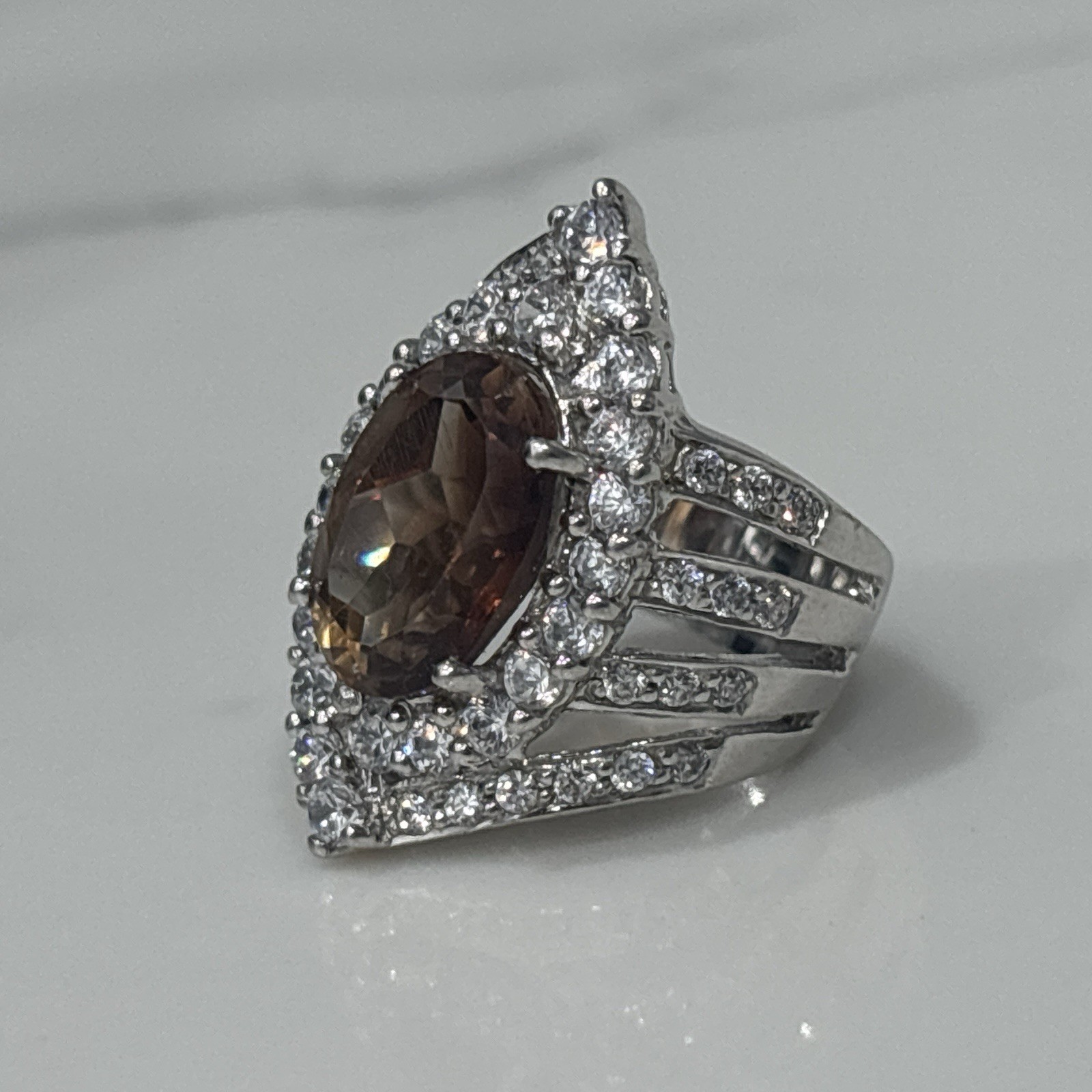Sterling Silver Ring Statement Cocktail Brown Orange Stone CZ Split Shank 6.5