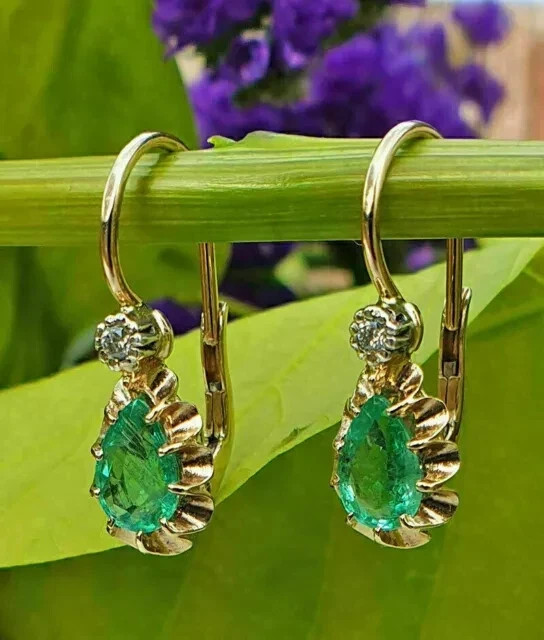 14K Yellow Gold Plated 2CT Pear Cut Simulated Green Emerald Drop Dangle Earrings