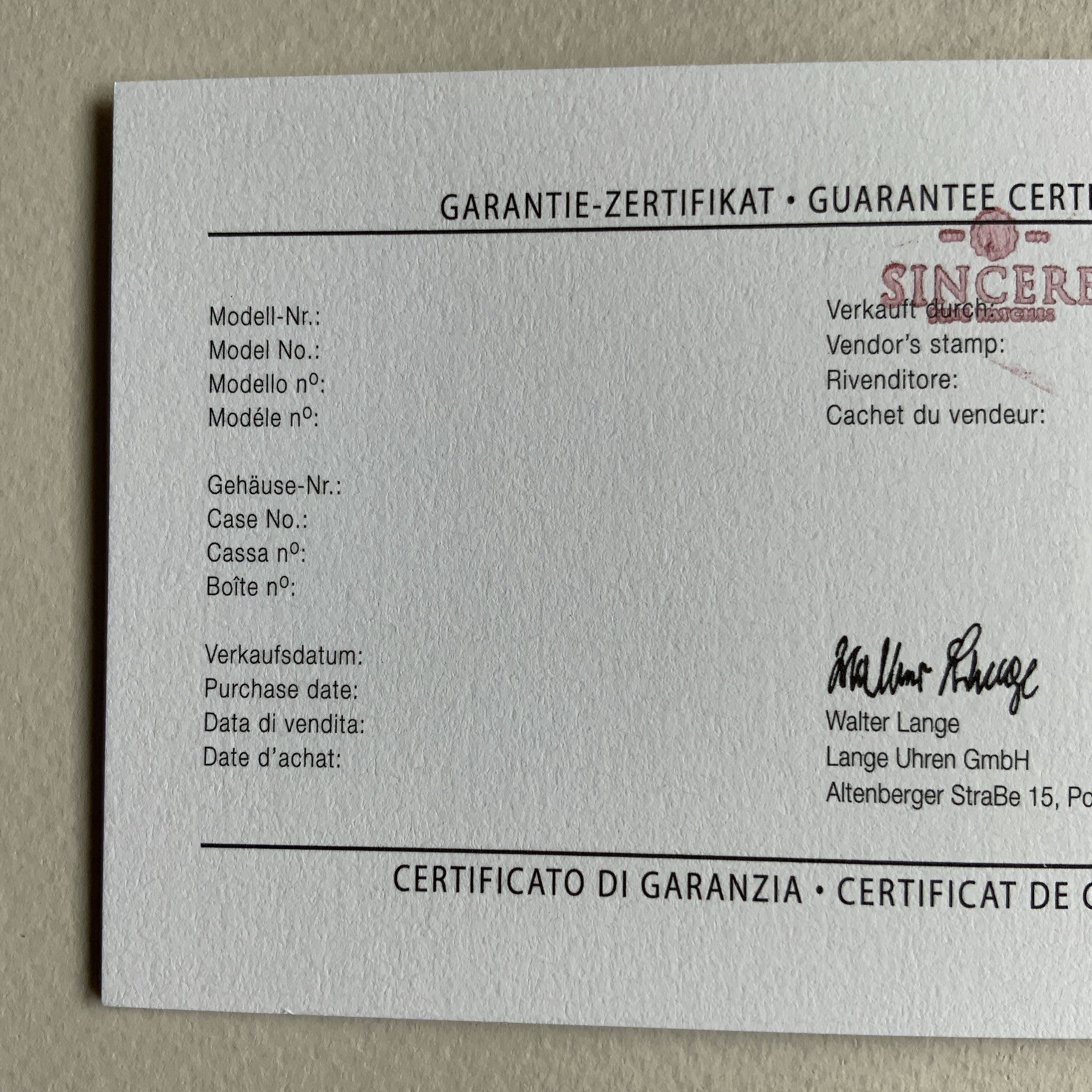 A Lange & Sohne Vintage Certificate AD Stamped