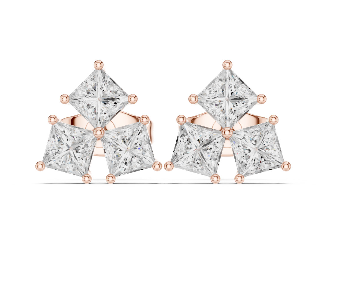 Princess Cut Natural VVS1 D Diamond Flora Cosmos Studs Earrings 14k Gold Over