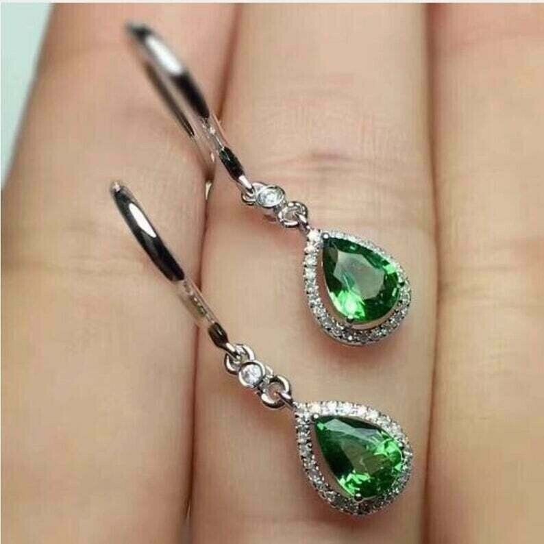 14K White Gold Plated 2Ct Pear Cut Simulated Emerald Stunning Drop Hook Earring