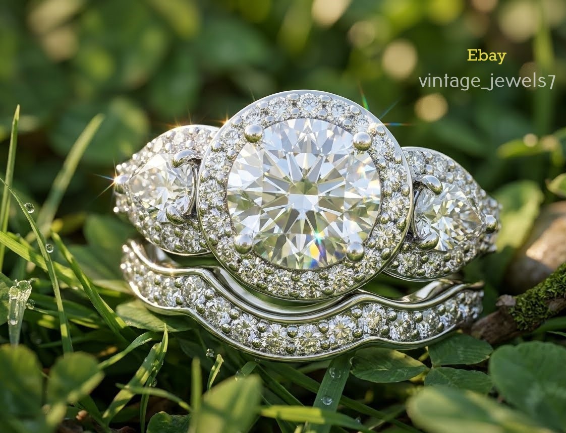 3.75CT Round Cut Lab Created Diamond Halo 3 Stone Wedding Ring Set 14K Gold Over