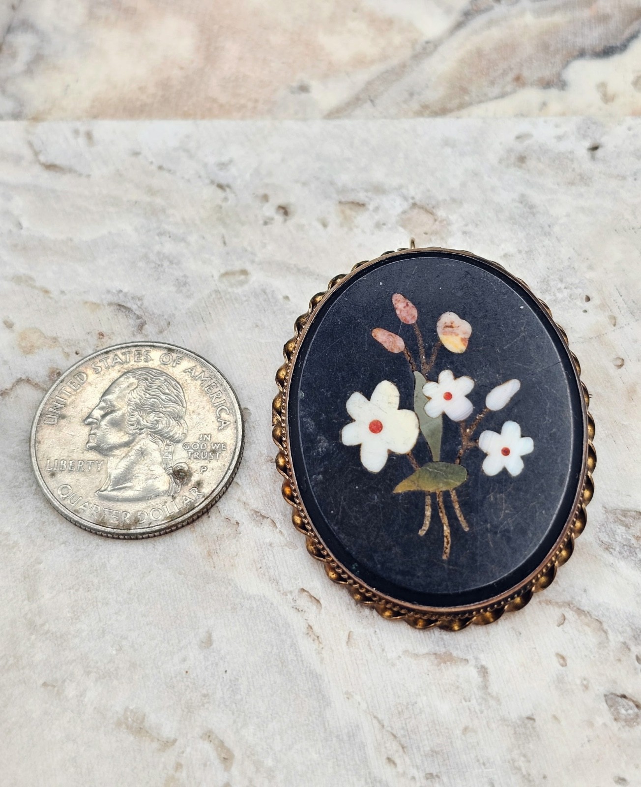 ANTIQUE ITALIAN 10K YELLOW GOLD FILL Pietra Dura Brooch AND Pendant – FLORAL
