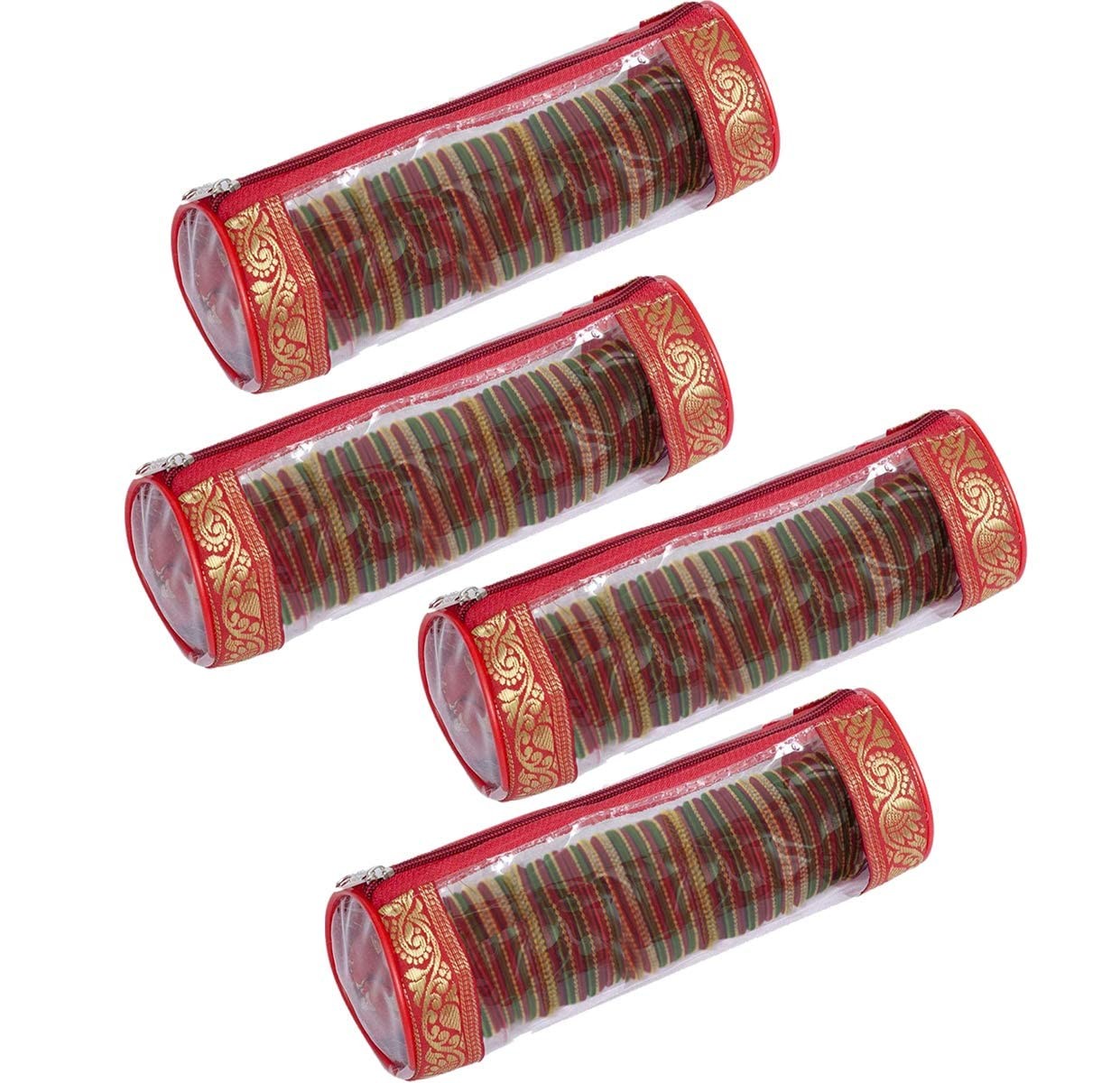 Rudraksh Raw Silk Single Rod Travel Bangle Pouch Wardrobe Pack Of 4, Maroon