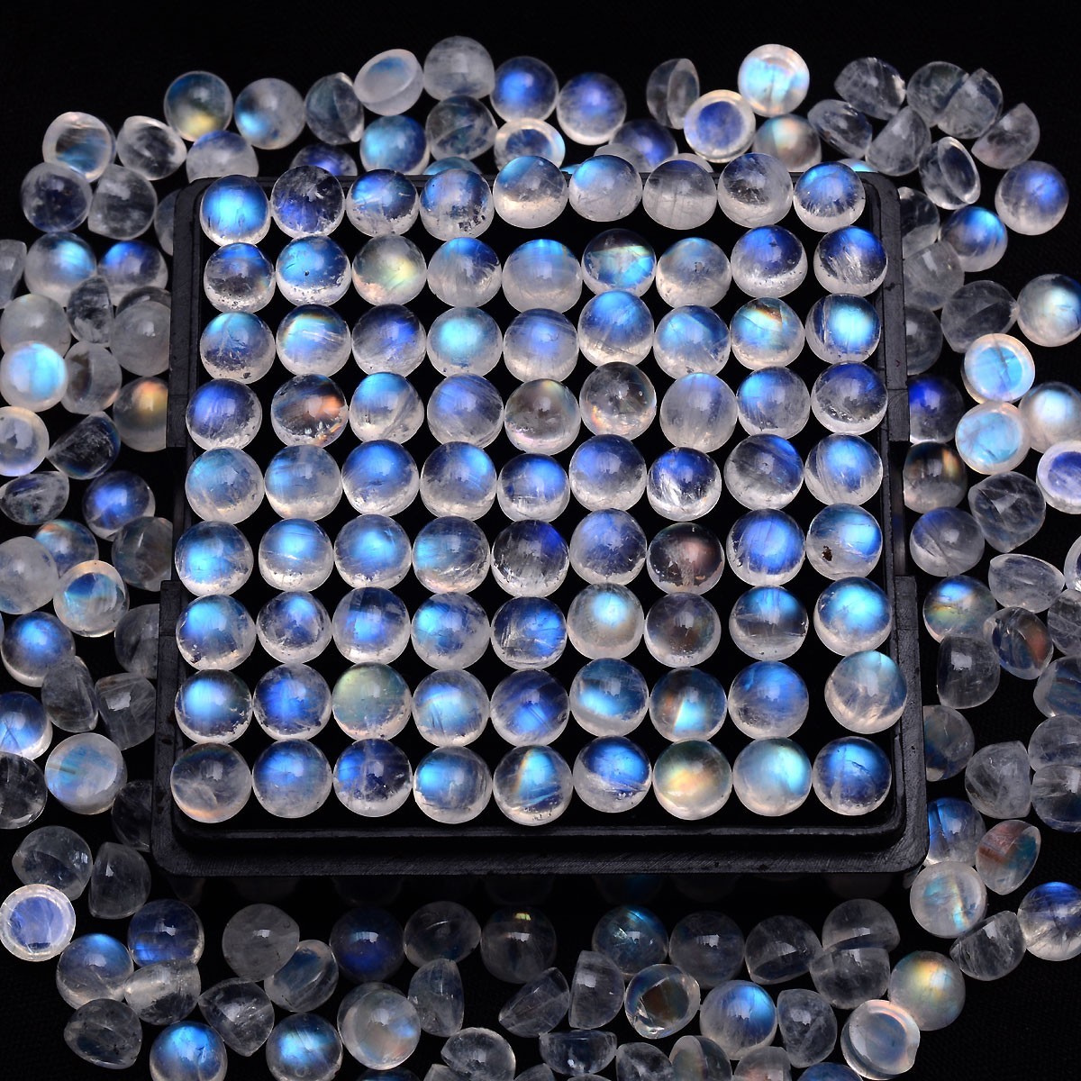 27 Pcs Natural Rainbow Moonstone 5mm Finest Quality Round Cabochon Gemstones Lot