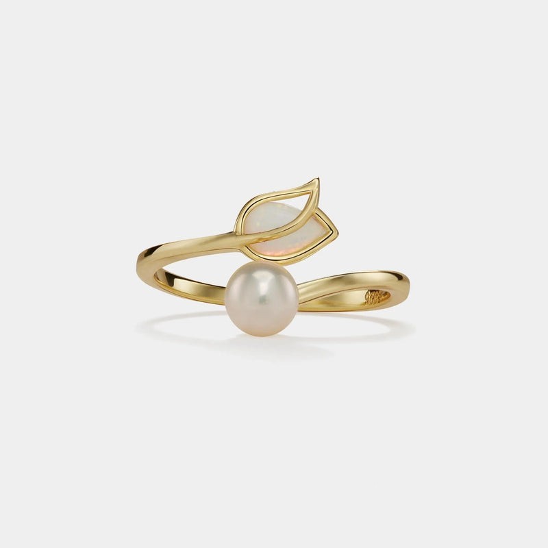 Opal Tulip Flower Pearl Bypass Ring in 925 Sterling Silver