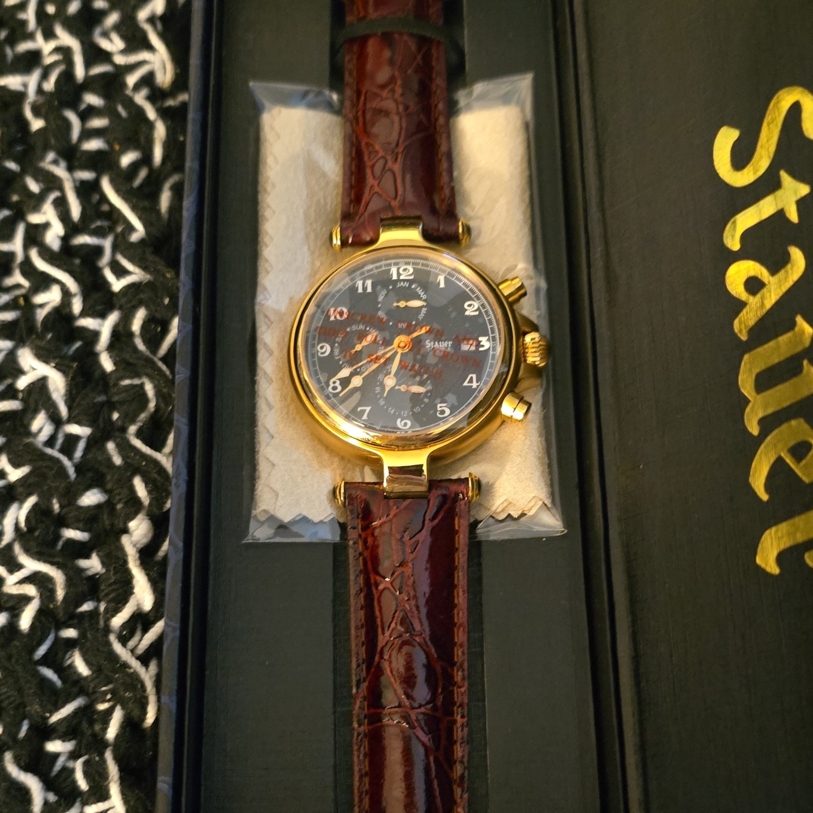 Stauer 1930 Men’s Quartz Watch Gold Case Black Dial Brown Leather Date w/ Box