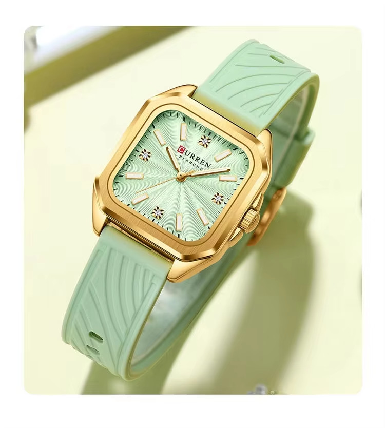 CURREN Women’s Mint Green Silicone Strap Watch Gold Square Quartz 3ATM
