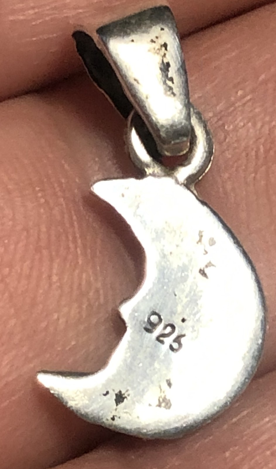 Sterling Silver 925 Crescent Moon Man-In-The Moon Pendant With Sterling Bail