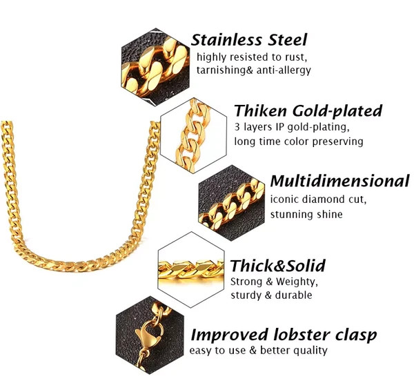 Stainless Steel Gold Chain Cuban Curb Womens Mens Necklace