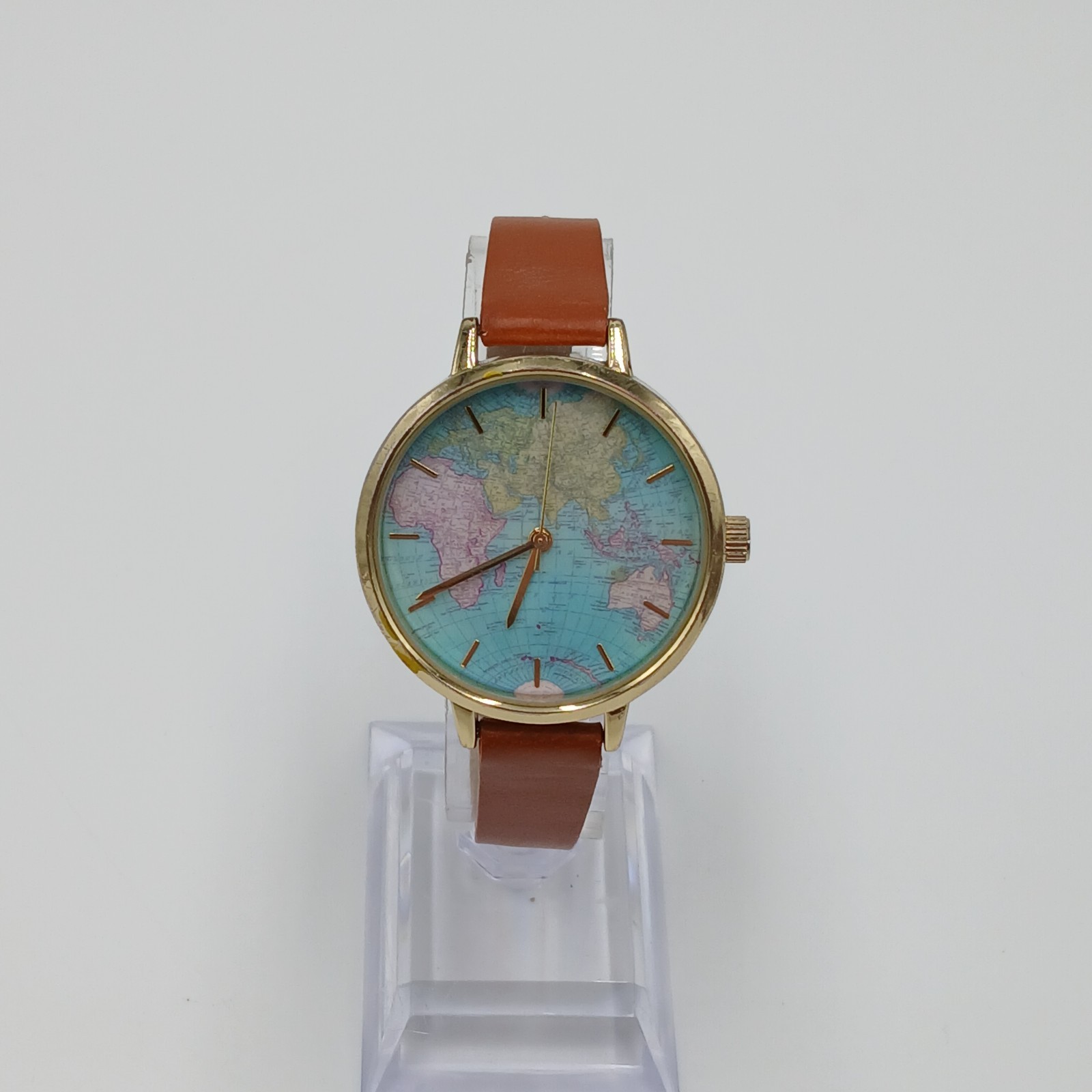 World Map Dial Watch Brown Leather 8in Strap Gold Tone Quartz Japan New Battery