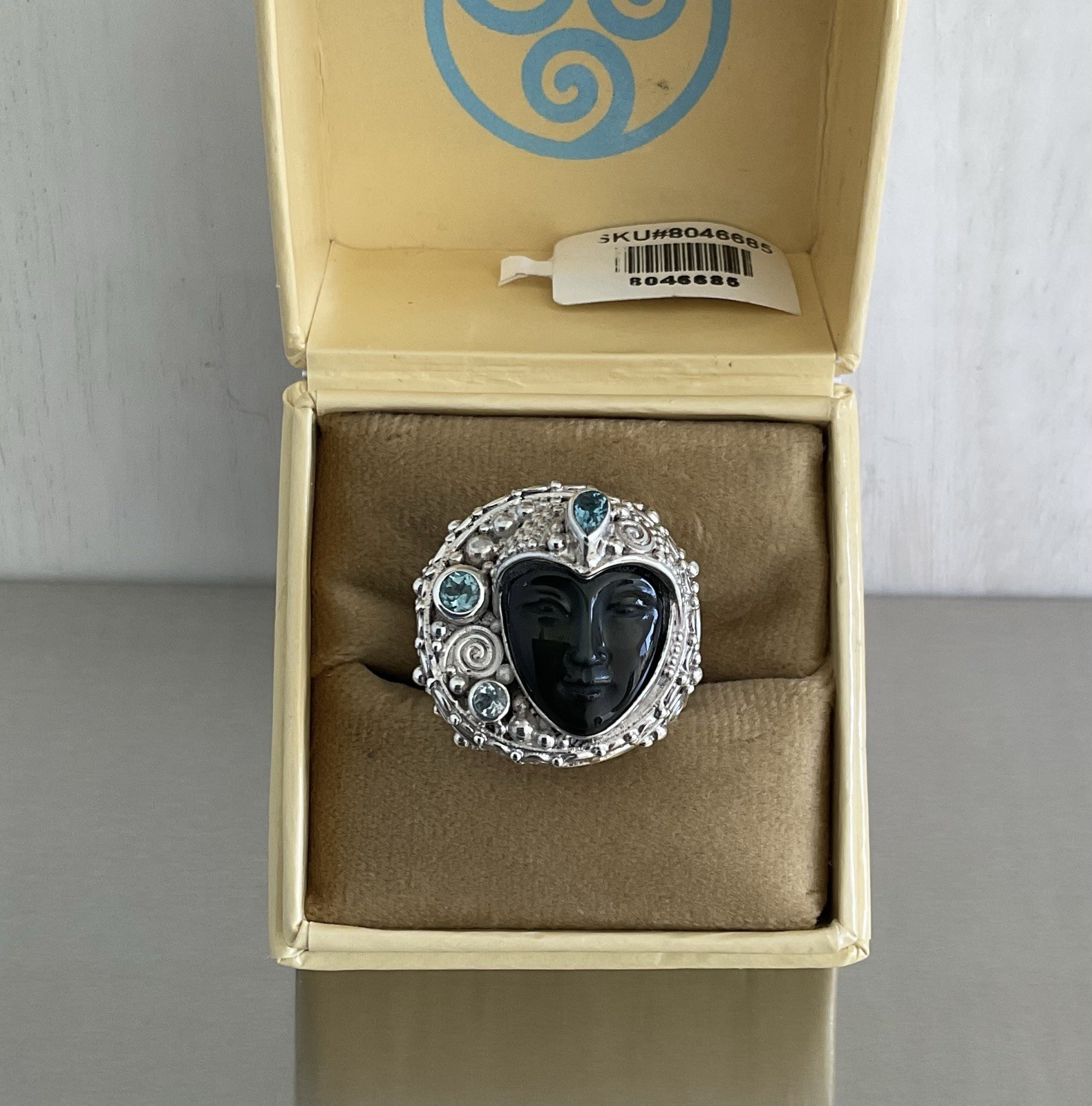 Sajen Carved Obsidian Goddess Face & Blue Topaz Ring 925 Sterling Silver Size 7