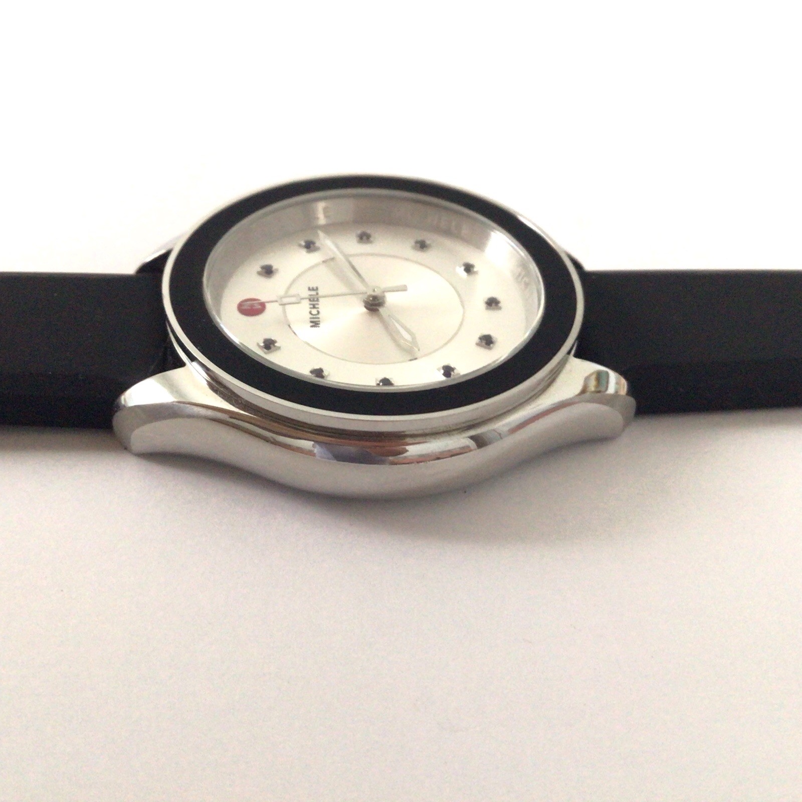 Michele Cape Diamond White Face Black Bezel Silicone Band Watch MWW27A000012