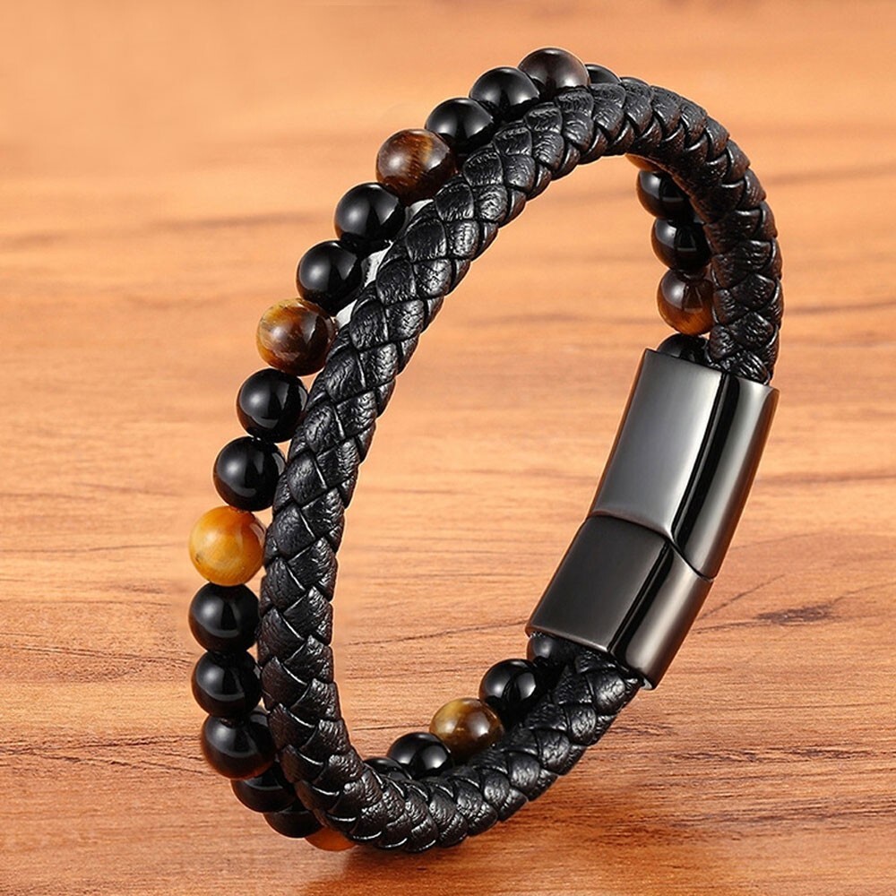 Handmade Obsidian Tiger’s Eye 2 Strands Healing Strength Protection Men Bracelet
