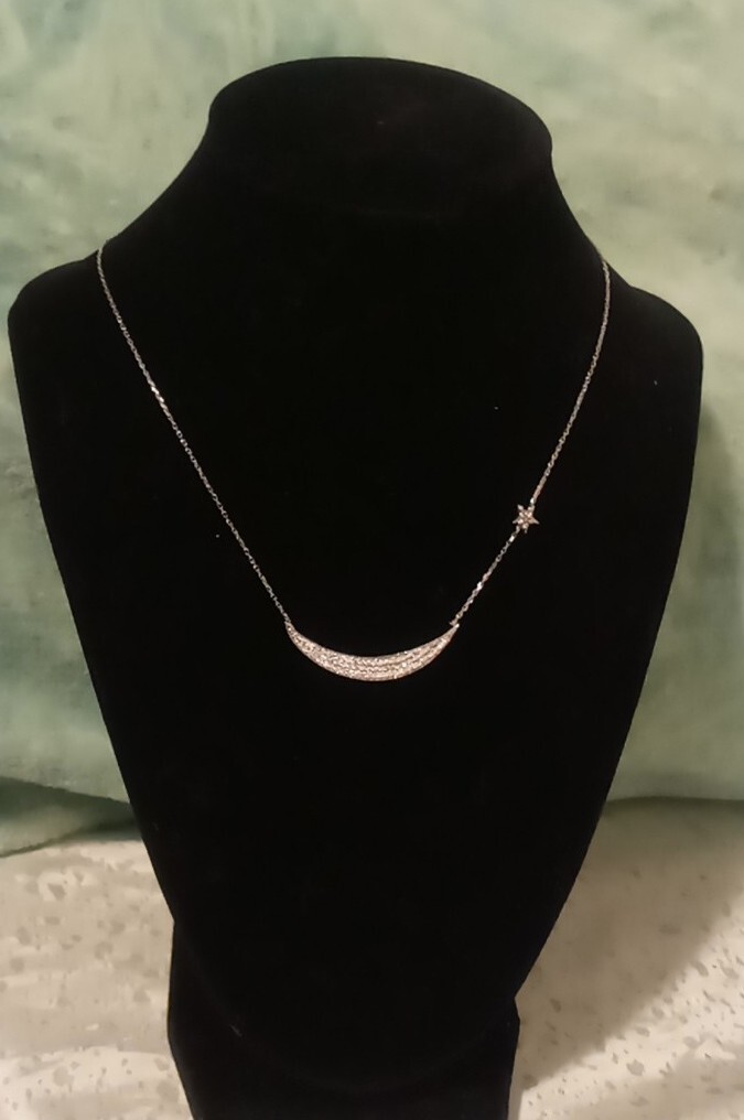 15″ MIDAS (925 Turkey) Sparkling Accented Moon & Floating Star Necklace Signed