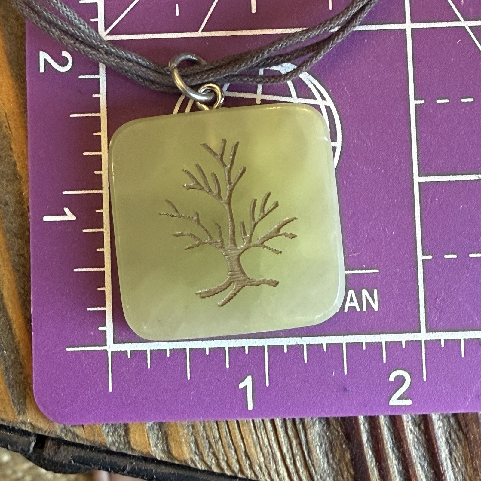 Unique Carved Tree In Green Stone Square Pendant Necklace Brown Adjustable Cord