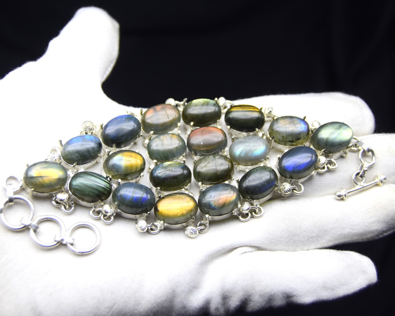 Blue Fire Labradorite Gemstone Big Bracelet 925 Sterling Silver Jewelry ADJ 8″