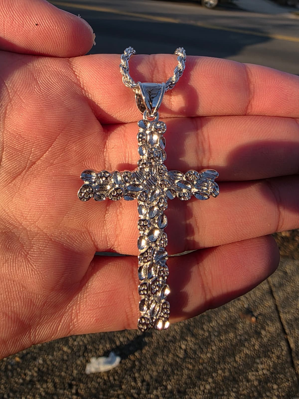 Men’s Large Nugget Cross Pendant 925 Sterling Silver Crucifix Necklace