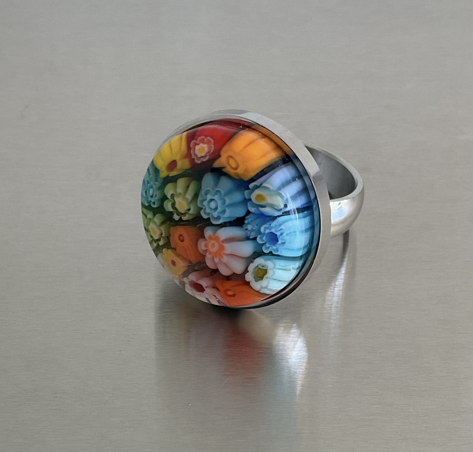 Multi Color Round Murano Millefiori Style Glass Ring Stainless Steel SZ 6, 9, 10