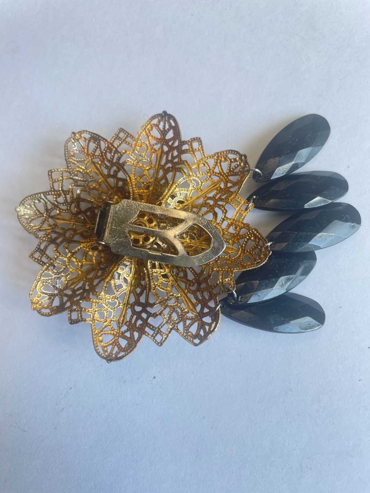 Vintage Dress Clip Gold Tone Black Glass Dangles 3.5 inches Statement