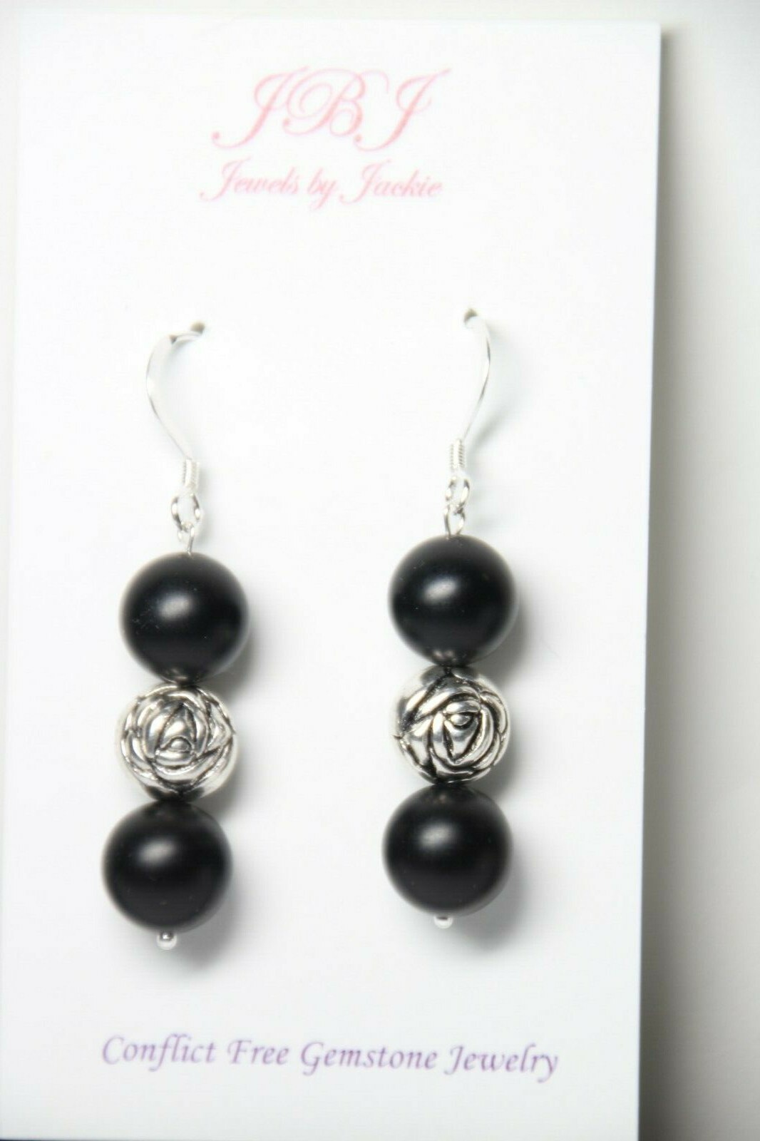 Graphite Earrings Black 10mm Ball Natural Gemstone 925 Sterling Silver 2″ Rose