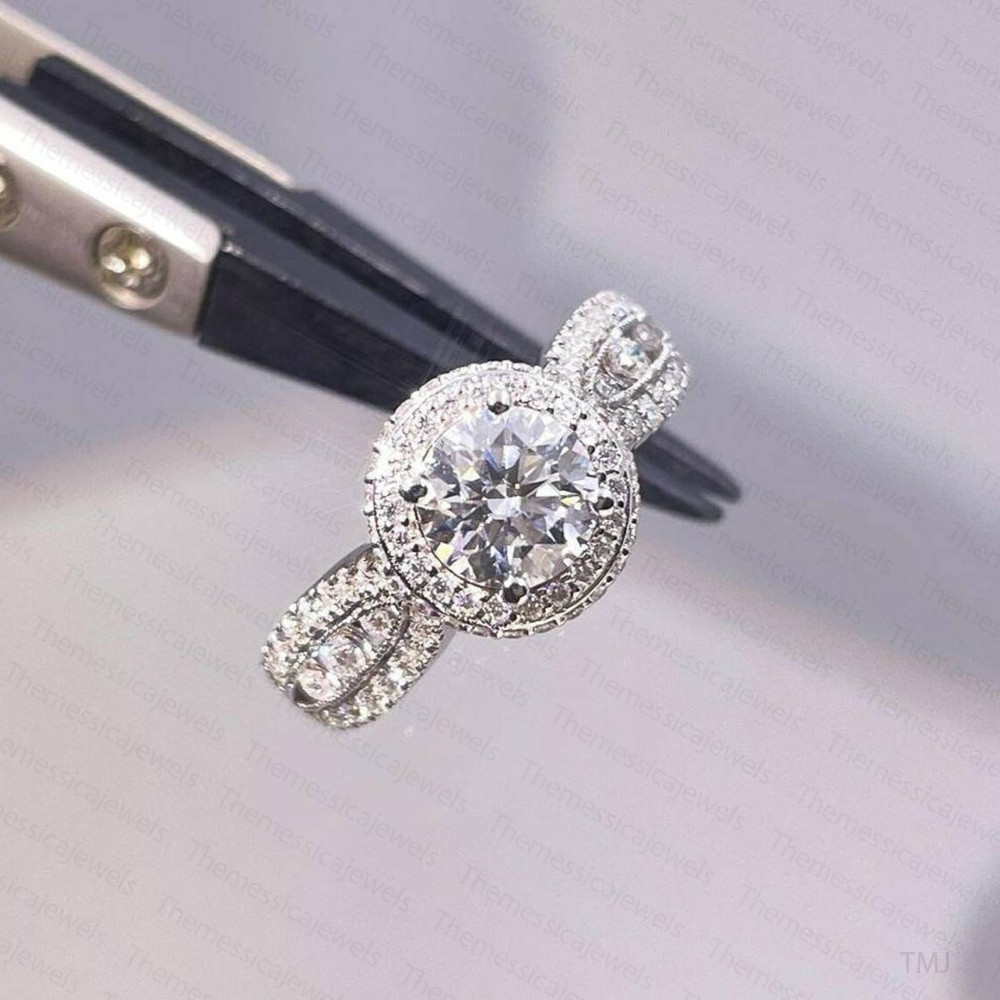 1.76Ctw Round Moissanite Halo Split Shank Engagement Ring 14K White Gold Plated
