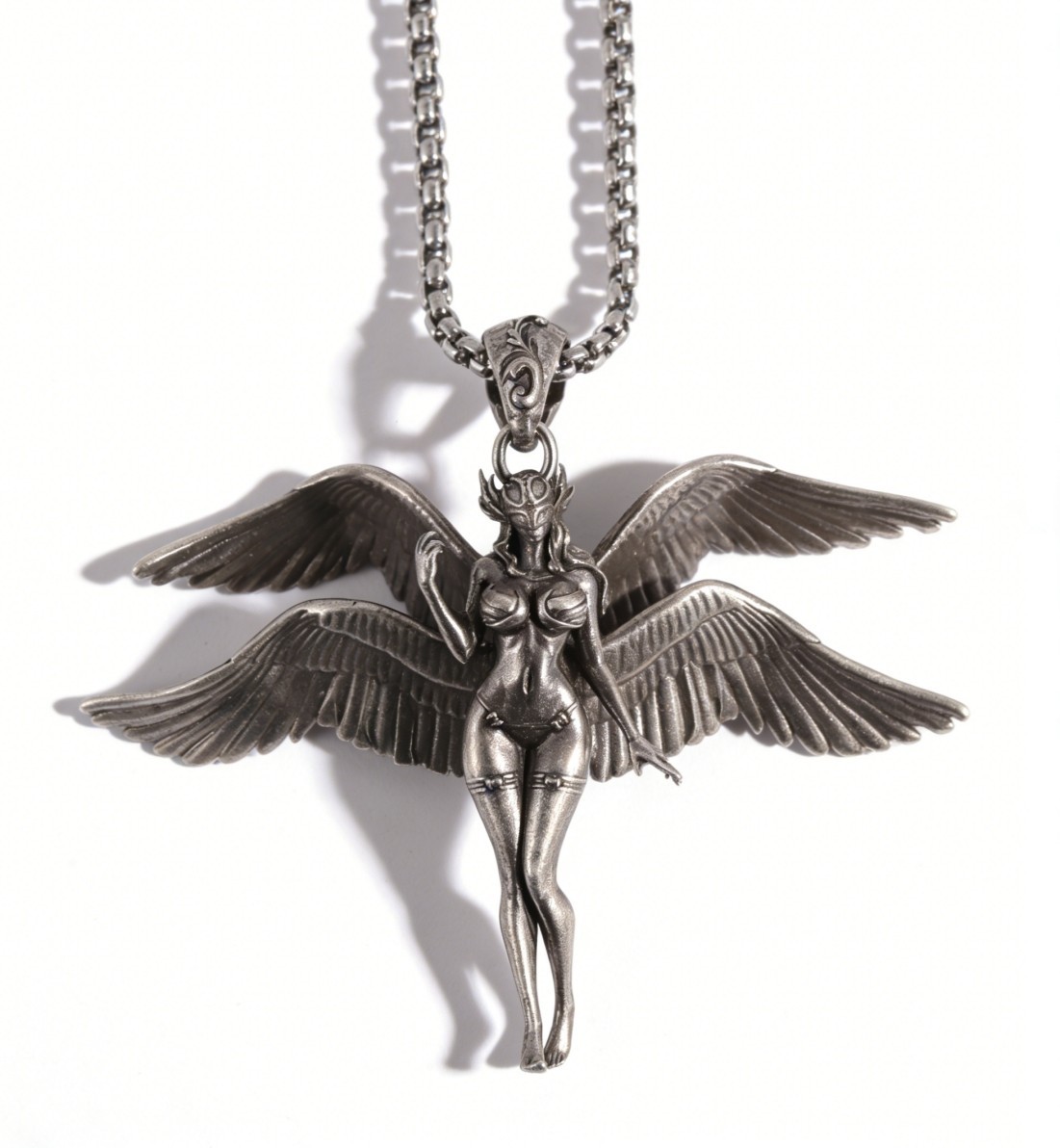 Fashion 3D Alloy Four Wings Angel Pendant Silver Plated Box Chain Necklace 55cm