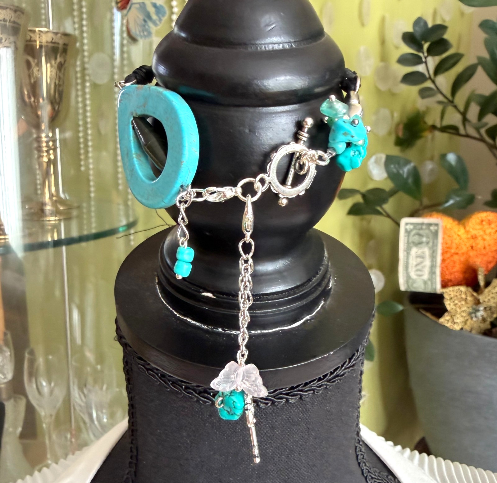 Fine blue turquoise cuff Bracelet jewelry for women Handmade macrame boho stile