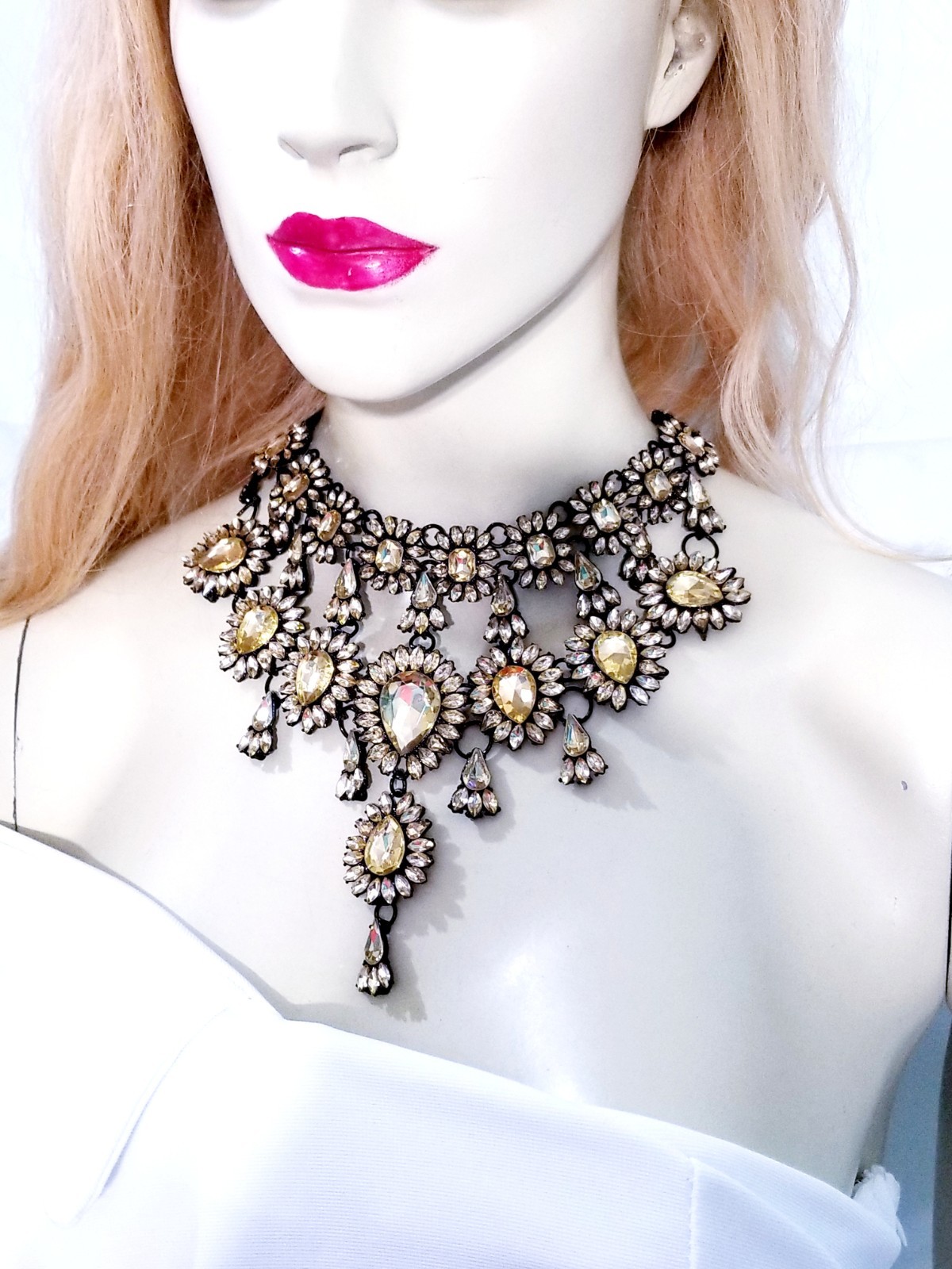 Topaz Statement Choker Rhinestone Necklace Bridal Prom Pageant Gothic